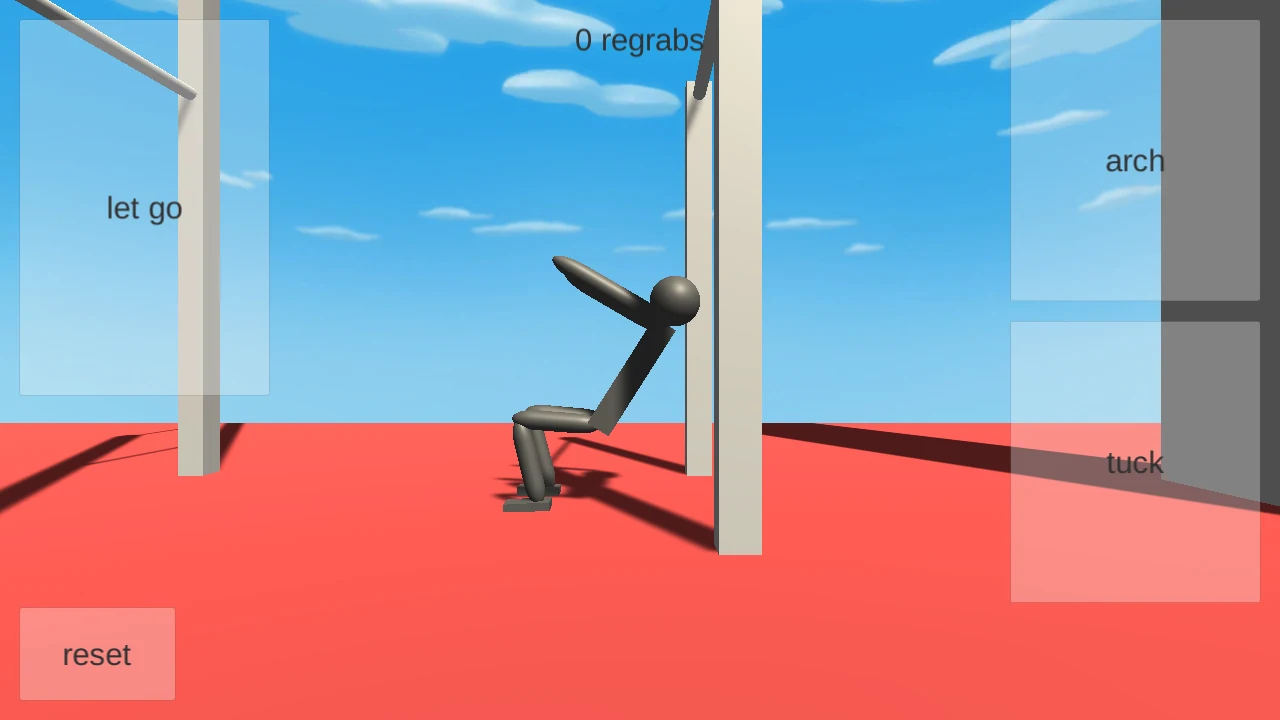 NoomiClone gymnast with feet near the floor and knees bent after an earlier release
